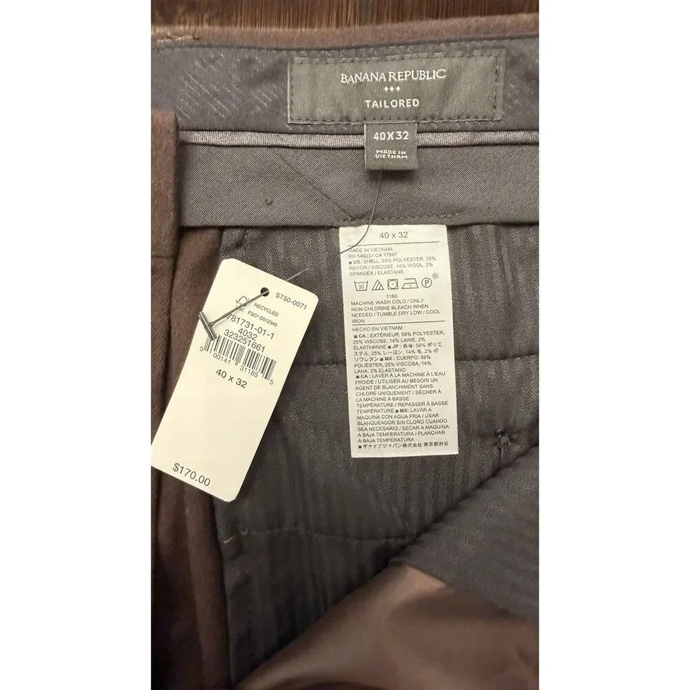 Banana Republic Tailored Dress Pants Mens 40x32 Brown Flat Front Stretch NWT